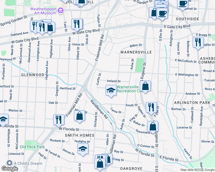 map of restaurants, bars, coffee shops, grocery stores, and more near 608 Doak Street in Greensboro