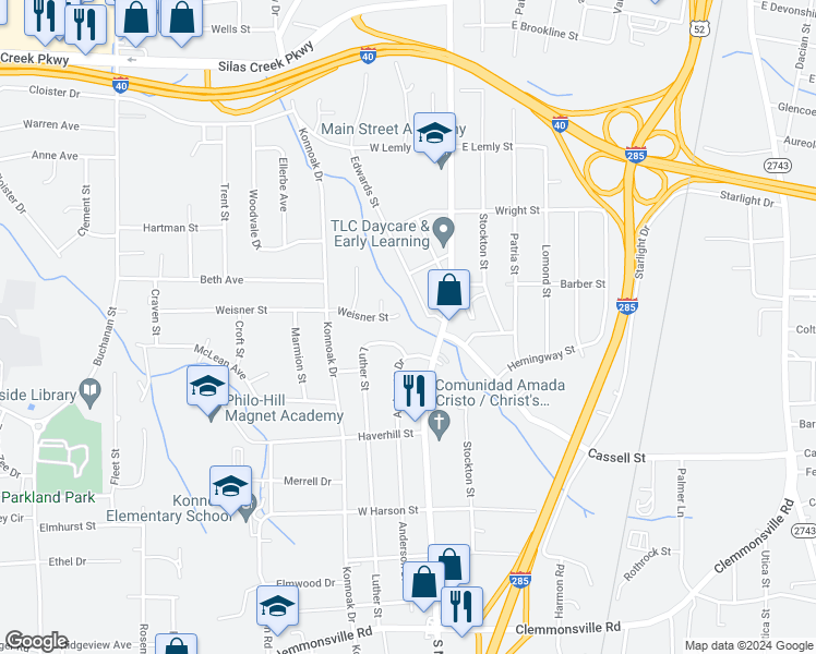 map of restaurants, bars, coffee shops, grocery stores, and more near 240 Weisner Street in Winston-Salem
