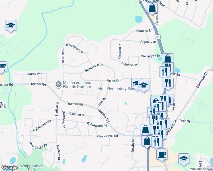 map of restaurants, bars, coffee shops, grocery stores, and more near 4201 Casa Street in Durham