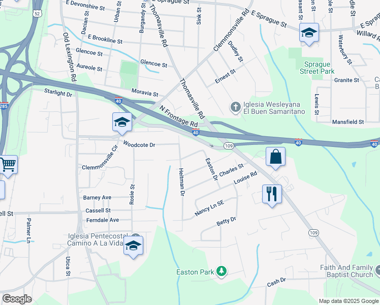 map of restaurants, bars, coffee shops, grocery stores, and more near 1025 Swaim Woods Lane in Winston-Salem