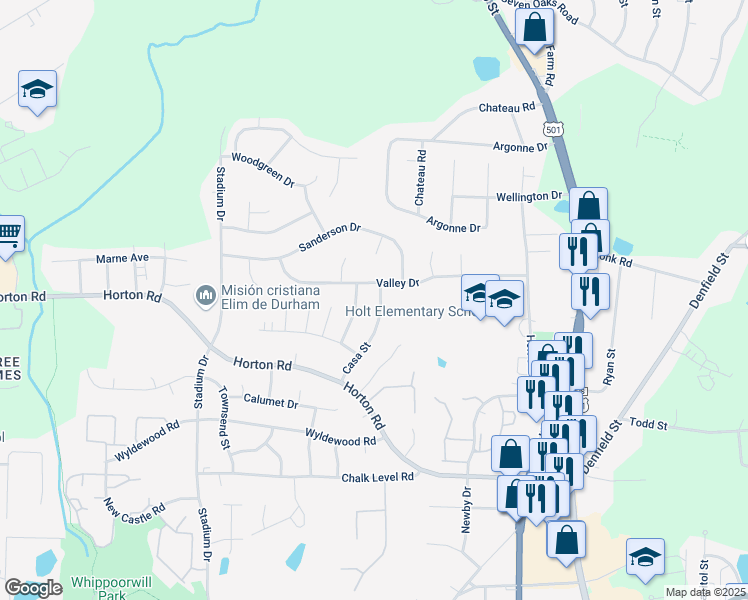 map of restaurants, bars, coffee shops, grocery stores, and more near 4201 Casa Street in Durham