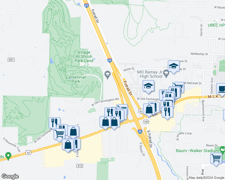 map of restaurants, bars, coffee shops, grocery stores, and more near 2638 West Old Farmington Road in Fayetteville