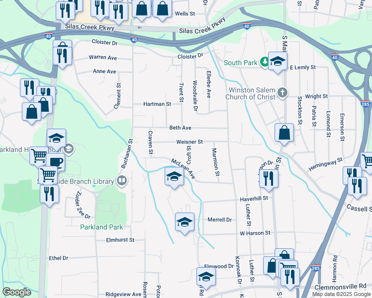 map of restaurants, bars, coffee shops, grocery stores, and more near 3008 Croft Street in Winston-Salem