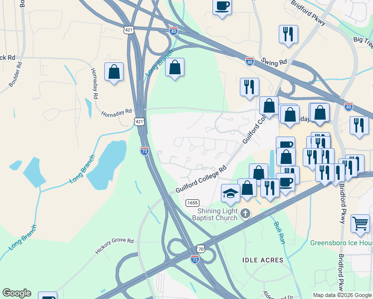 map of restaurants, bars, coffee shops, grocery stores, and more near 5729 Bramblegate Road in Greensboro