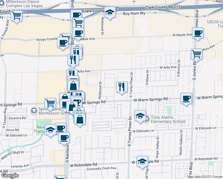 map of restaurants, bars, coffee shops, grocery stores, and more near 6650 West Warm Springs Road in Las Vegas