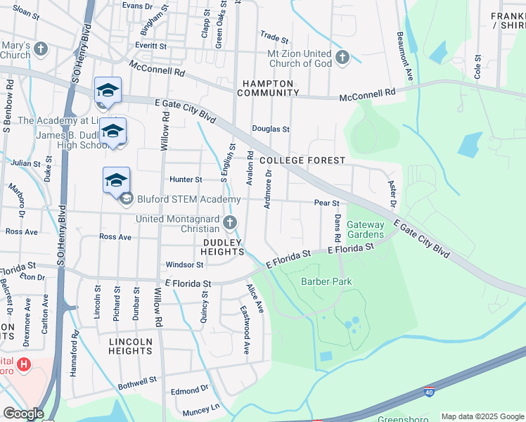 map of restaurants, bars, coffee shops, grocery stores, and more near 1404 Ardmore Drive in Greensboro