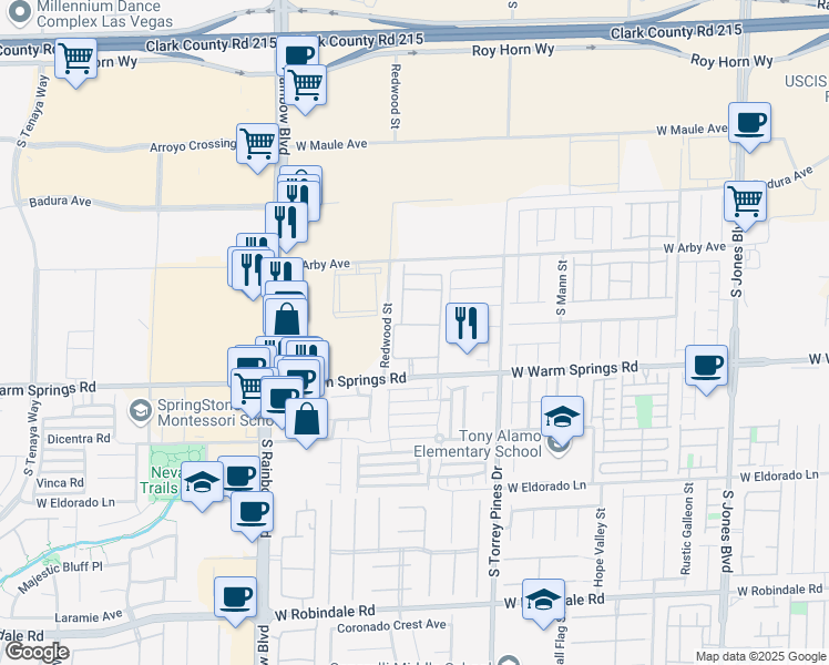 map of restaurants, bars, coffee shops, grocery stores, and more near 6650 West Warm Springs Road in Las Vegas
