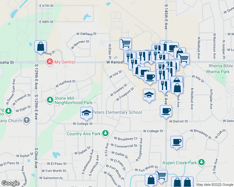 map of restaurants, bars, coffee shops, grocery stores, and more near 421 North Fir Avenue in Broken Arrow