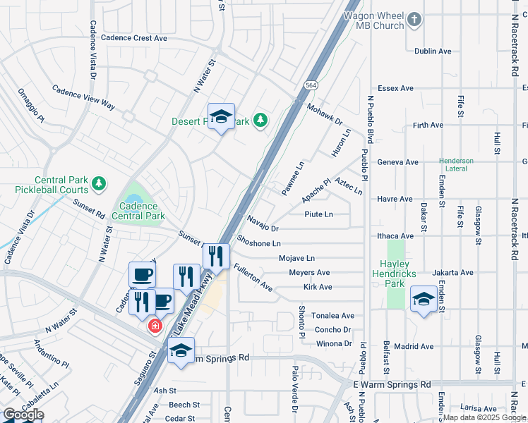 map of restaurants, bars, coffee shops, grocery stores, and more near 201 Navajo Drive in Henderson