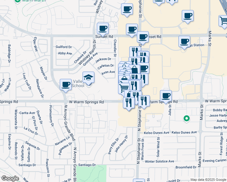 map of restaurants, bars, coffee shops, grocery stores, and more near 1500 West Warm Springs Road in Henderson