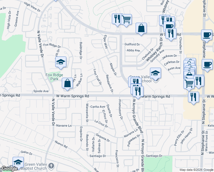 map of restaurants, bars, coffee shops, grocery stores, and more near 407 Raindance Drive in Henderson