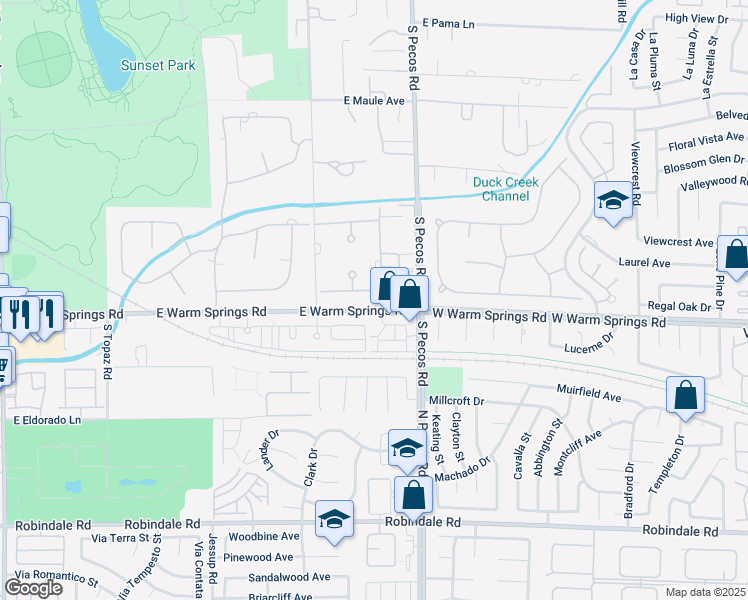 map of restaurants, bars, coffee shops, grocery stores, and more near 3235 East Warm Springs Road in Las Vegas