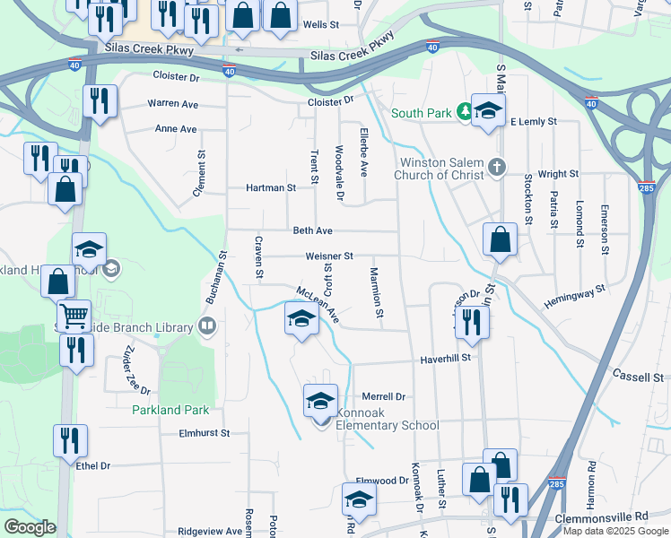 map of restaurants, bars, coffee shops, grocery stores, and more near 3019 Croft Street in Winston-Salem