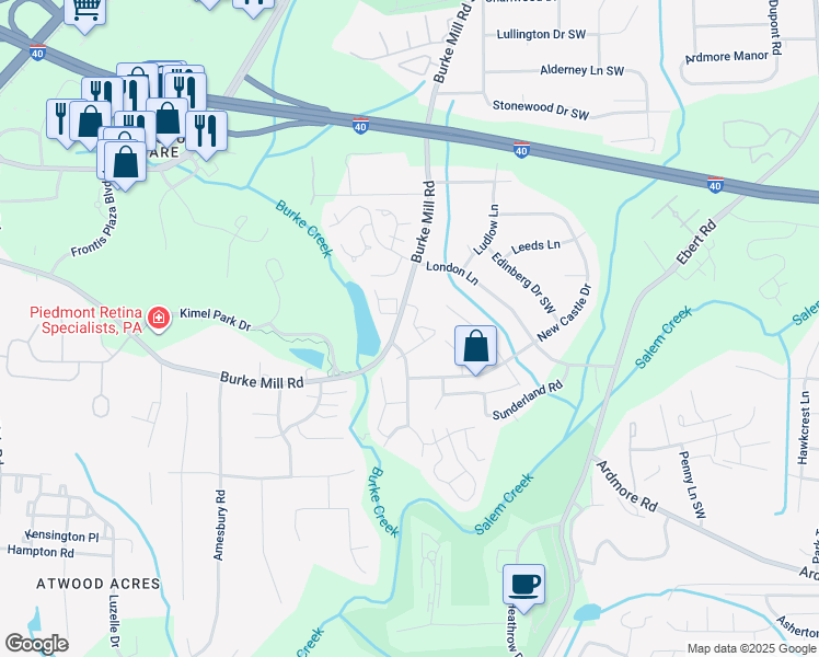 map of restaurants, bars, coffee shops, grocery stores, and more near 3142 Burke Mill Court in Winston-Salem