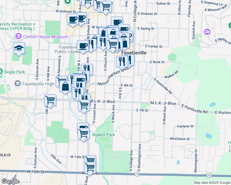 map of restaurants, bars, coffee shops, grocery stores, and more near 31 West 5th Street in Fayetteville