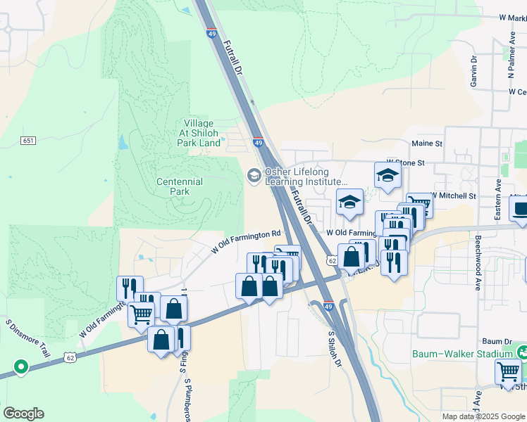 map of restaurants, bars, coffee shops, grocery stores, and more near 2638 West Old Farmington Road in Fayetteville