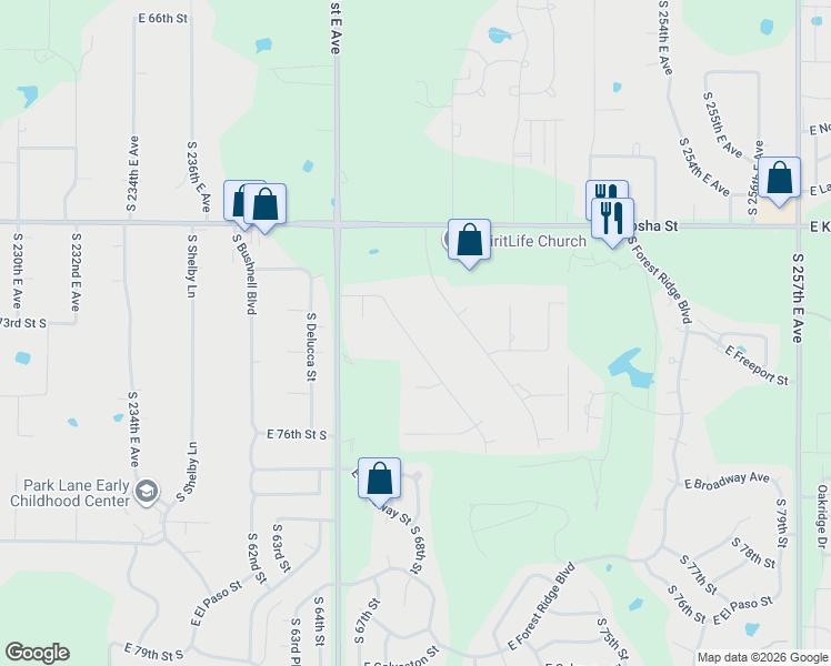 map of restaurants, bars, coffee shops, grocery stores, and more near 7313 South Gafford Boulevard in Broken Arrow
