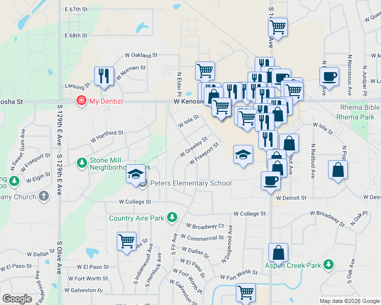 map of restaurants, bars, coffee shops, grocery stores, and more near 421 North Fir Avenue in Broken Arrow