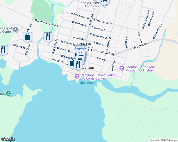 map of restaurants, bars, coffee shops, grocery stores, and more near 407 Court St in Edenton