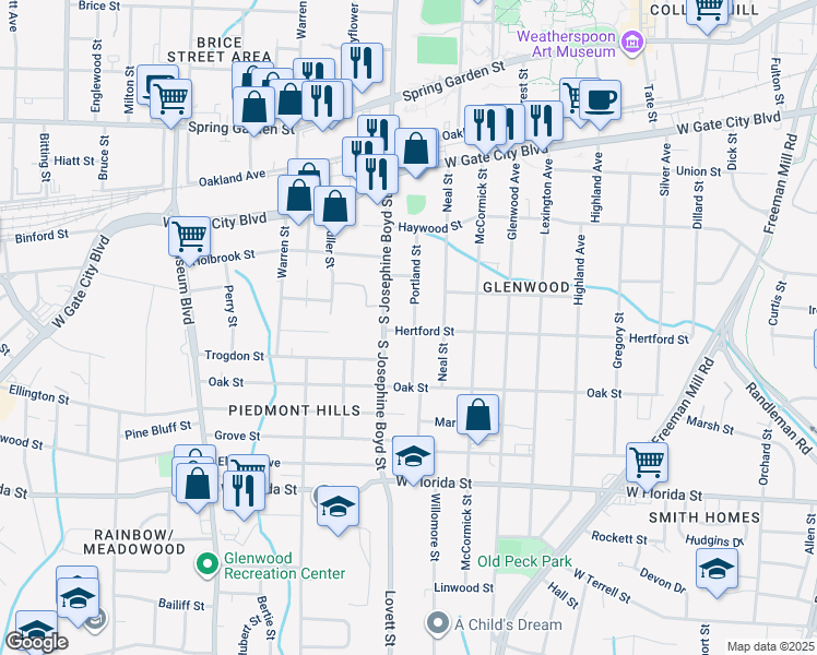 map of restaurants, bars, coffee shops, grocery stores, and more near 1022 Portland Street in Greensboro