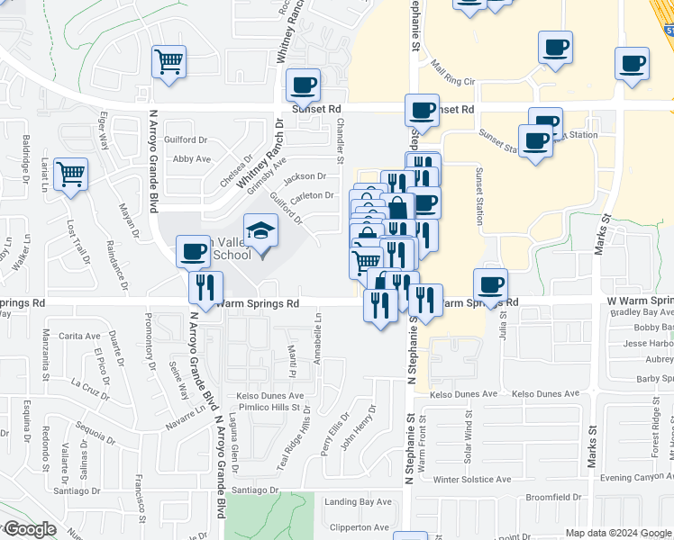 map of restaurants, bars, coffee shops, grocery stores, and more near 1500 West Warm Springs Road in Henderson