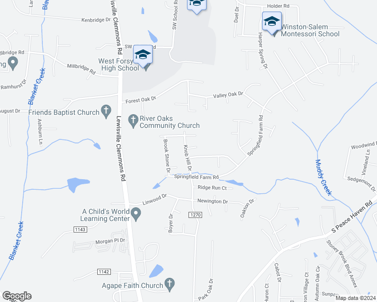 map of restaurants, bars, coffee shops, grocery stores, and more near 6698 Knob Hill Court in Clemmons