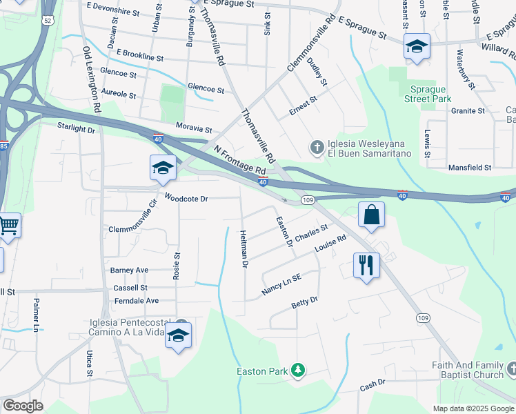 map of restaurants, bars, coffee shops, grocery stores, and more near 1035 Swaim Woods Lane in Winston-Salem