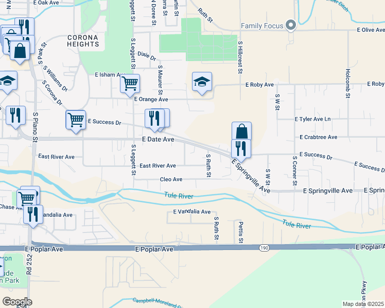 map of restaurants, bars, coffee shops, grocery stores, and more near 1020 East River Avenue in Porterville