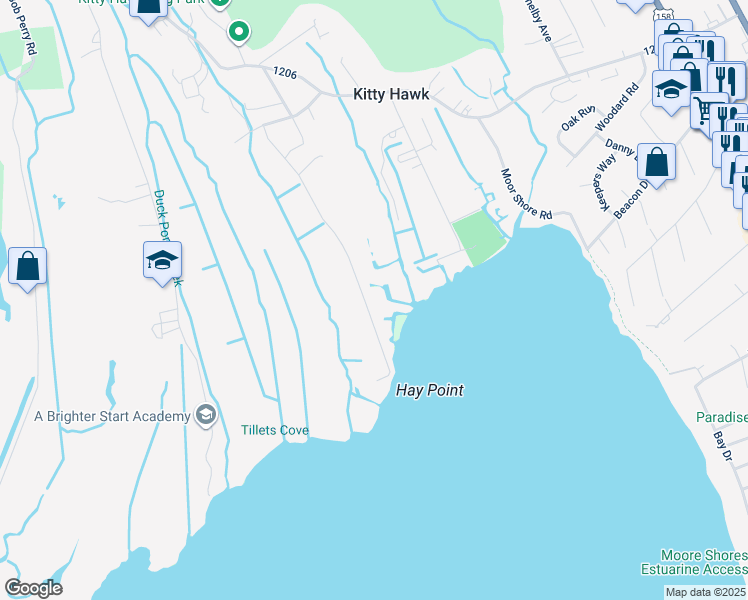 map of restaurants, bars, coffee shops, grocery stores, and more near 3749 Herbert Perry Road in Kitty Hawk