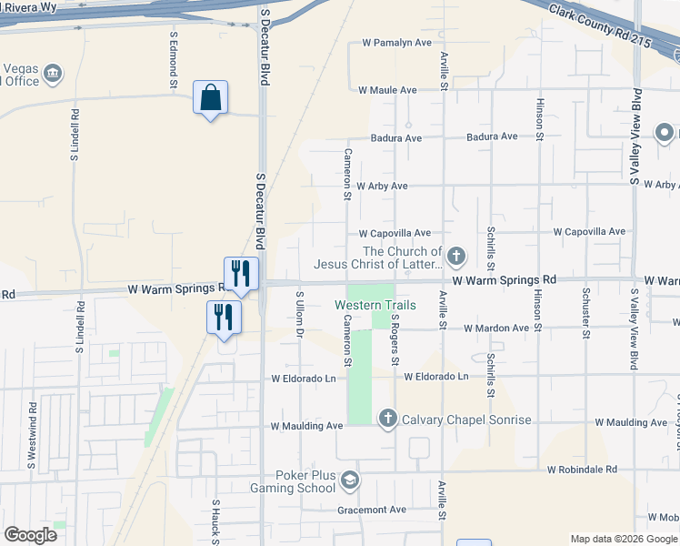 map of restaurants, bars, coffee shops, grocery stores, and more near 4631 West Warm Springs Road in Las Vegas