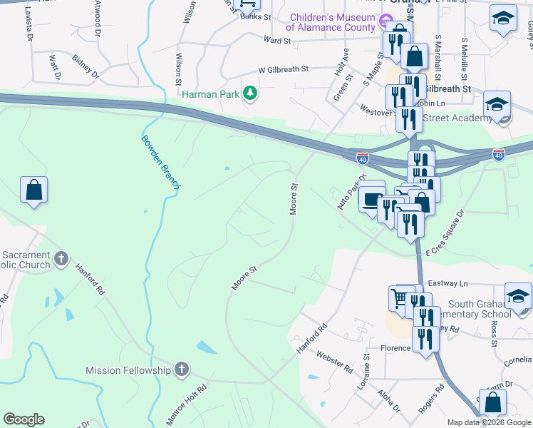 map of restaurants, bars, coffee shops, grocery stores, and more near 1048 Gant Road in Graham