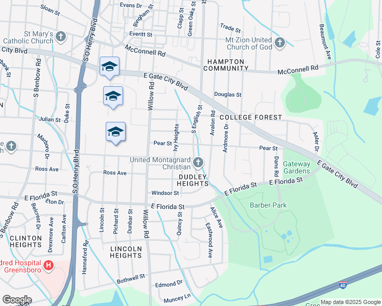 map of restaurants, bars, coffee shops, grocery stores, and more near 2215 Tuscaloosa Street in Greensboro