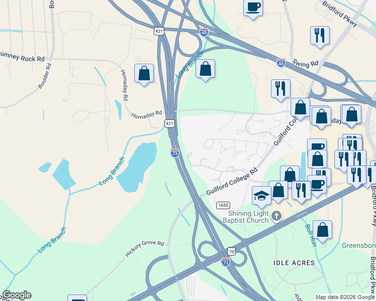 map of restaurants, bars, coffee shops, grocery stores, and more near 5808 Battery Drive in Greensboro