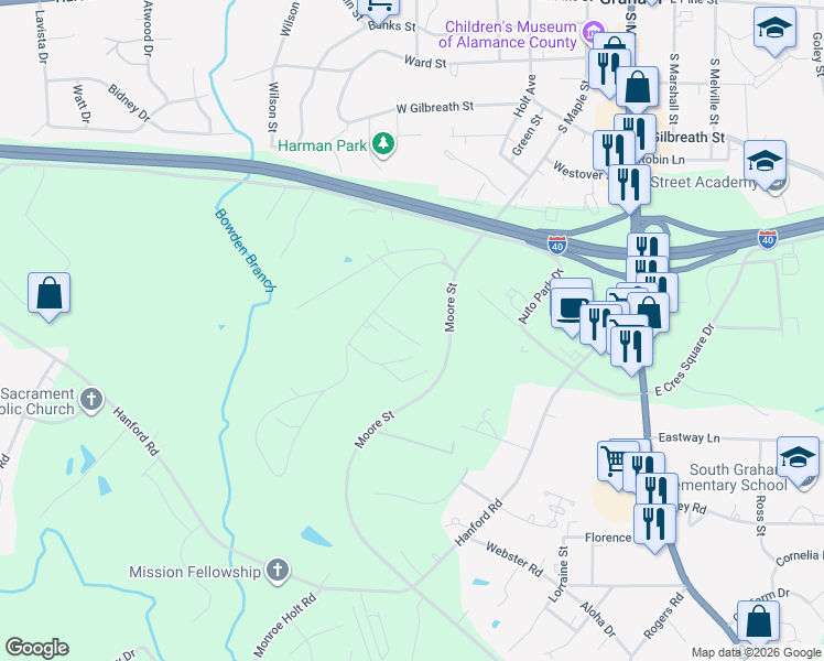 map of restaurants, bars, coffee shops, grocery stores, and more near 1048 Gant Road in Graham