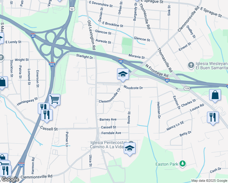 map of restaurants, bars, coffee shops, grocery stores, and more near 1424 Bretton Street in Winston-Salem