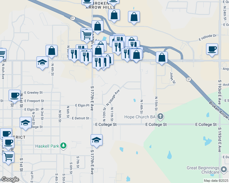 map of restaurants, bars, coffee shops, grocery stores, and more near 513 North Village Avenue in Broken Arrow