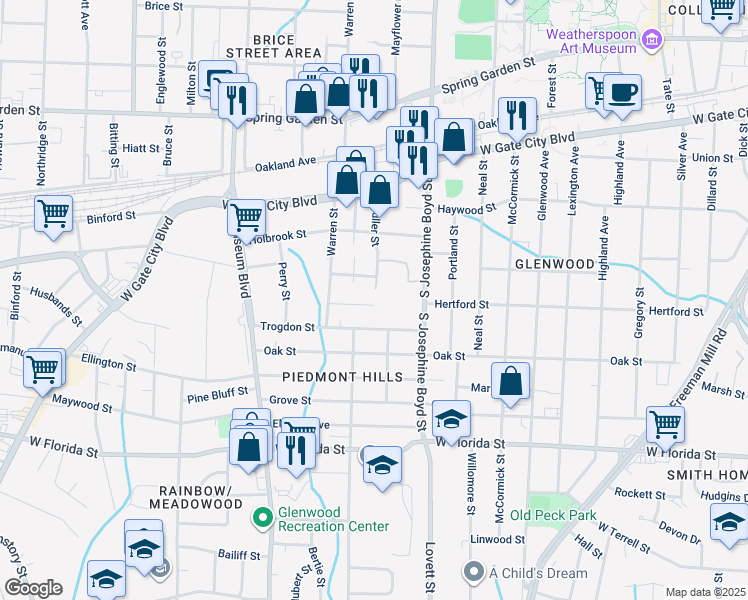 map of restaurants, bars, coffee shops, grocery stores, and more near 1700 Hertford Street in Greensboro