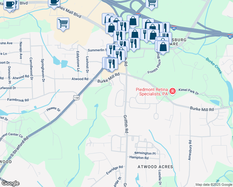 map of restaurants, bars, coffee shops, grocery stores, and more near 2152 Burke Meadows Road in Winston-Salem