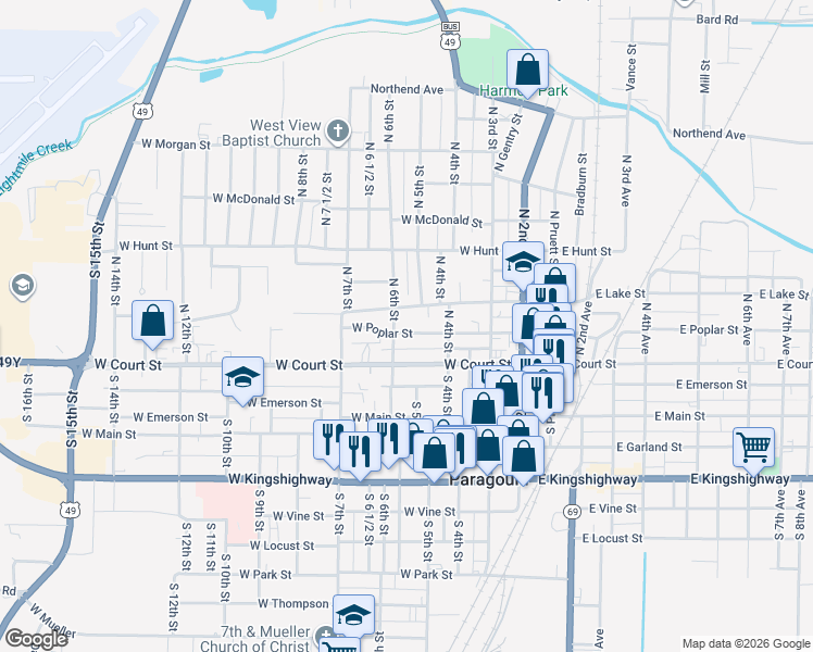 map of restaurants, bars, coffee shops, grocery stores, and more near 506 West Poplar Street in Paragould