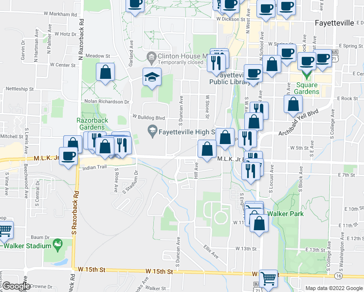 map of restaurants, bars, coffee shops, grocery stores, and more near 510 South Duncan Avenue in Fayetteville
