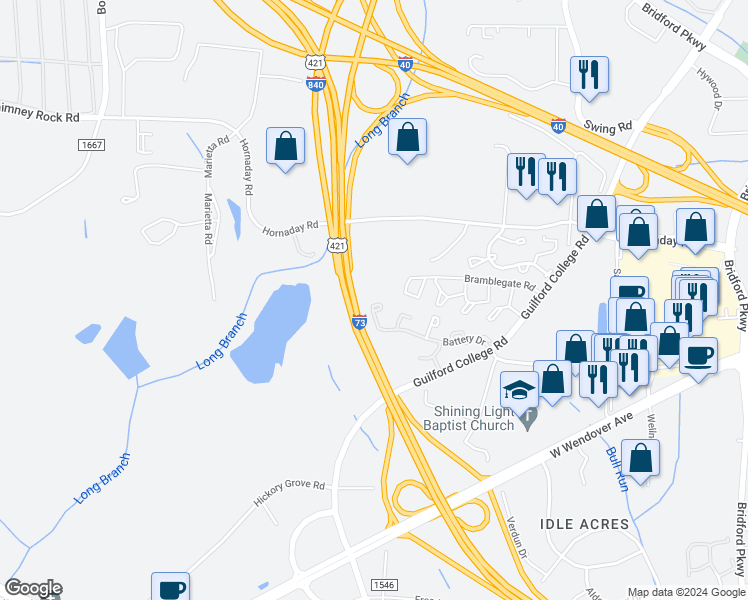 map of restaurants, bars, coffee shops, grocery stores, and more near 5814 Battery Drive in Greensboro