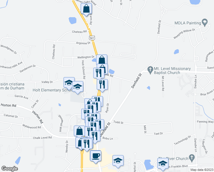 map of restaurants, bars, coffee shops, grocery stores, and more near 4511 Ryan Street in Durham