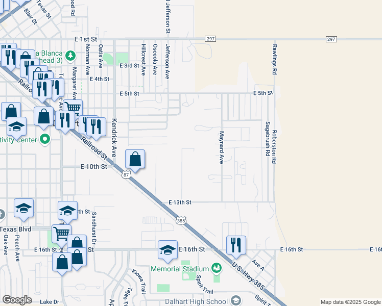 map of restaurants, bars, coffee shops, grocery stores, and more near 901 Hoffman Road in Dalhart