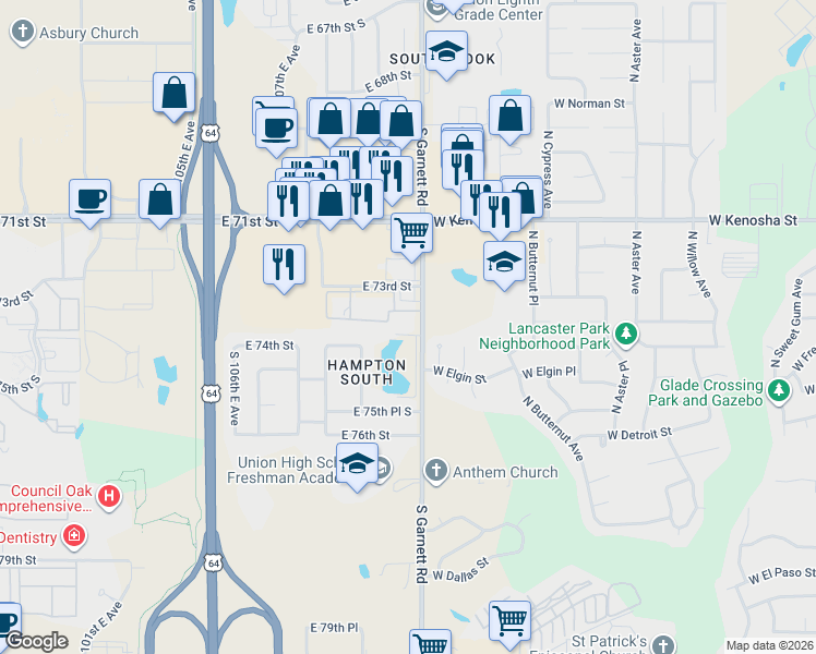 map of restaurants, bars, coffee shops, grocery stores, and more near 7350 South Garnett Road in Broken Arrow