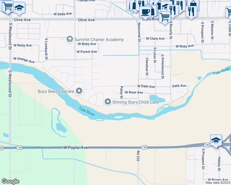 map of restaurants, bars, coffee shops, grocery stores, and more near 1750 West Lloyd Avenue in Porterville