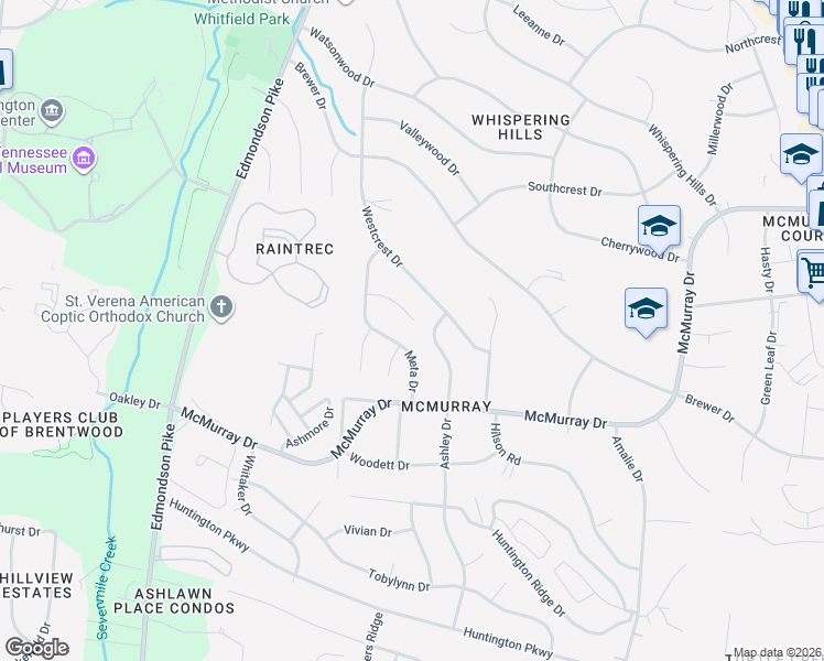 map of restaurants, bars, coffee shops, grocery stores, and more near 5060 Meta Drive in Nashville
