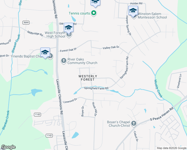 map of restaurants, bars, coffee shops, grocery stores, and more near 6685 Springfield Village Lane in Clemmons