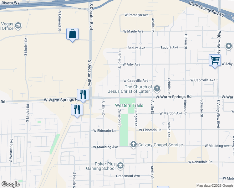 map of restaurants, bars, coffee shops, grocery stores, and more near 4631 West Warm Springs Road in Las Vegas