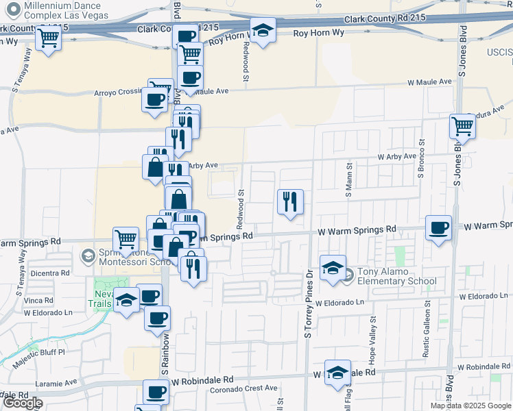 map of restaurants, bars, coffee shops, grocery stores, and more near 6650 West Warm Springs Road in Las Vegas