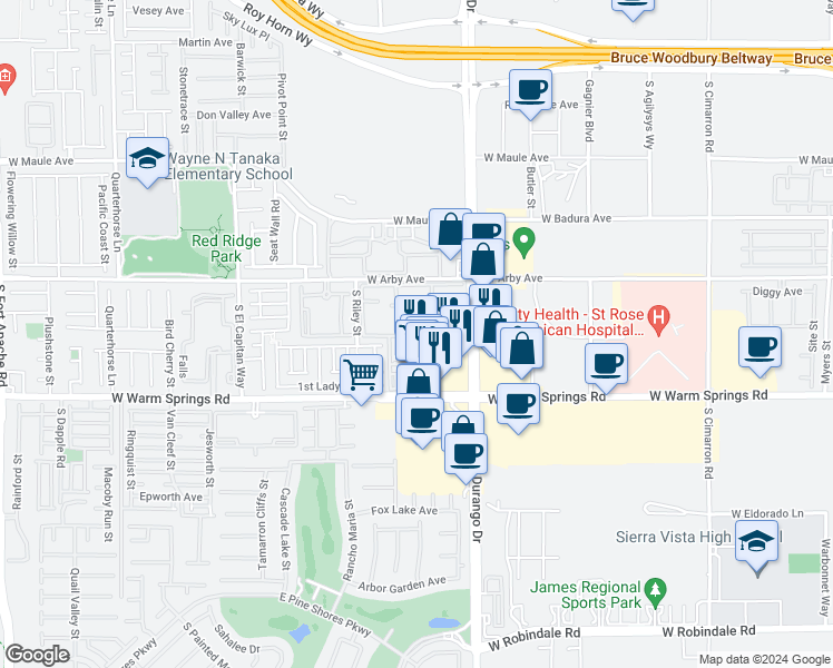 map of restaurants, bars, coffee shops, grocery stores, and more near 7159 South Durango Drive in Las Vegas